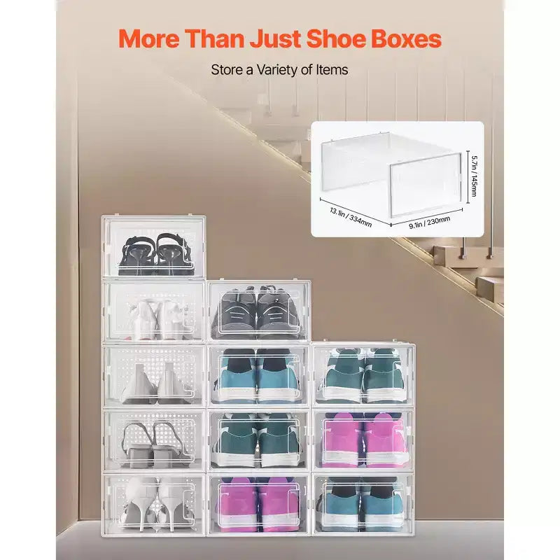 VEVOR Boîtes de Rangement pour Chaussures, Lot de 12 Boîtes à Chaussures Empilables, Convient jusqu'à la Taille US 11, Transparent et Blanc