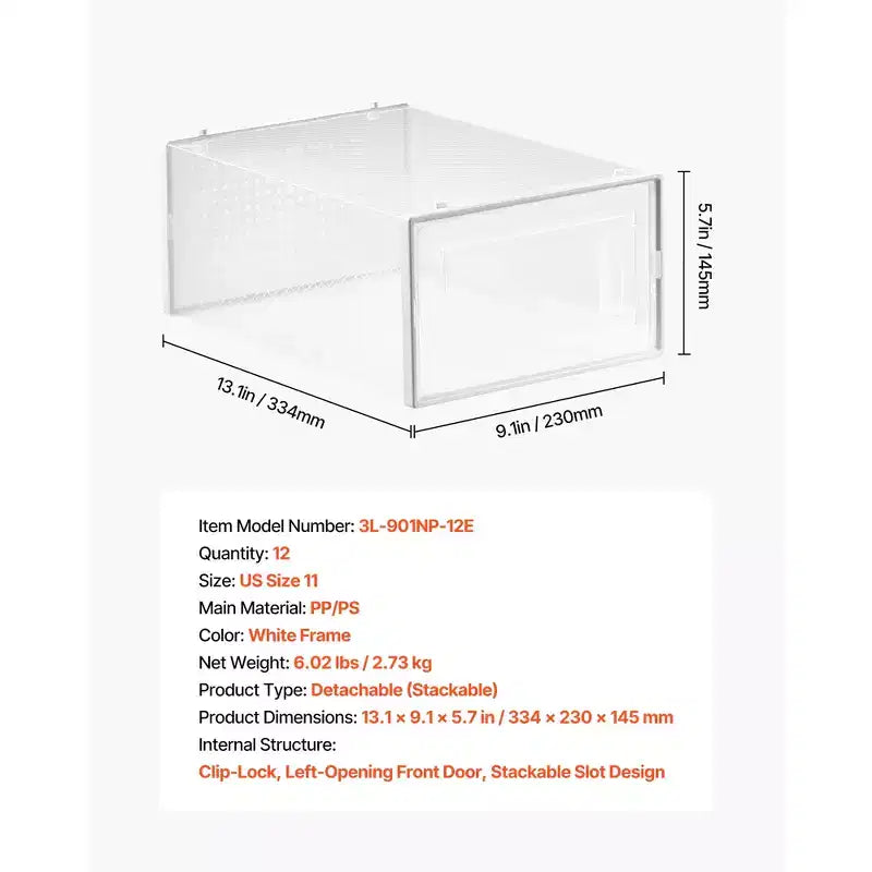 VEVOR Boîtes de Rangement pour Chaussures, Lot de 12 Boîtes à Chaussures Empilables, Convient jusqu'à la Taille US 11, Transparent et Blanc