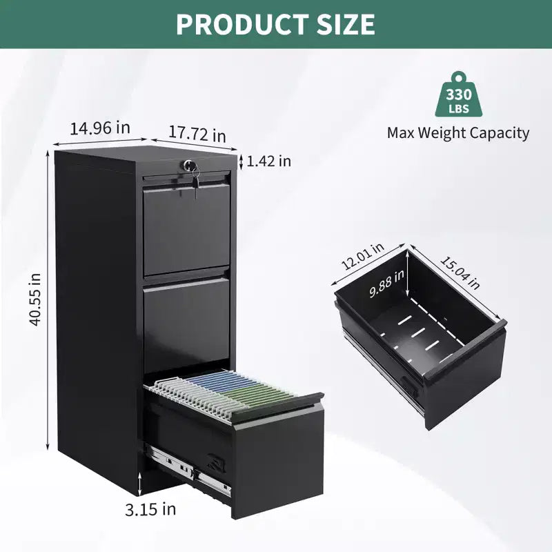 Classeur métallique avec serrure - Rangement vertical à 3 tiroirs pour dossiers format Lettre/Légal/A4, Organiseur de bureau