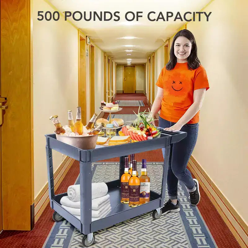 Chariot de service, chariot utilitaire en plastique à 2 étagères et capacité de 250 kg, chariot de travail roulant avec roues pivotantes à 360°