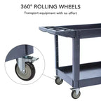 Chariot de service, chariot utilitaire en plastique à 2 étagères et capacité de 250 kg, chariot de travail roulant avec roues pivotantes à 360°