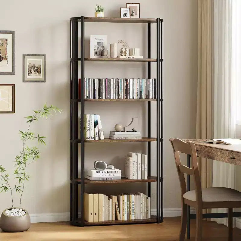 Acekool 71 Wooden Bookshelf, 6-Tier Industrial Bookcase with Metal Frame, Large Open Storage Rack for Bedroom, Living Room, Home Office, Brown
