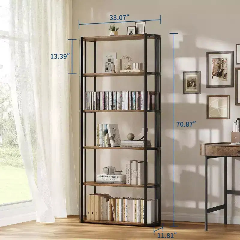 Acekool Étagère en bois 71, bibliothèque industrielle à 6 niveaux avec cadre en métal, grande étagère de rangement ouverte pour chambre, salon, bureau à domicile, marron