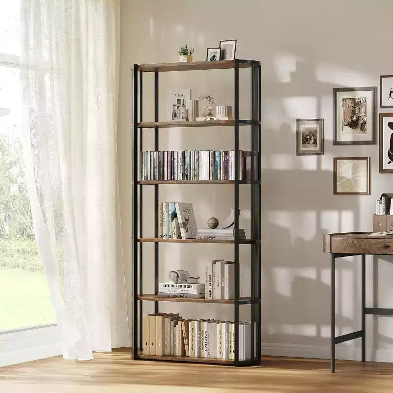Acekool Étagère en bois 71, bibliothèque industrielle à 6 niveaux avec cadre en métal, grande étagère de rangement ouverte pour chambre, salon, bureau à domicile, marron