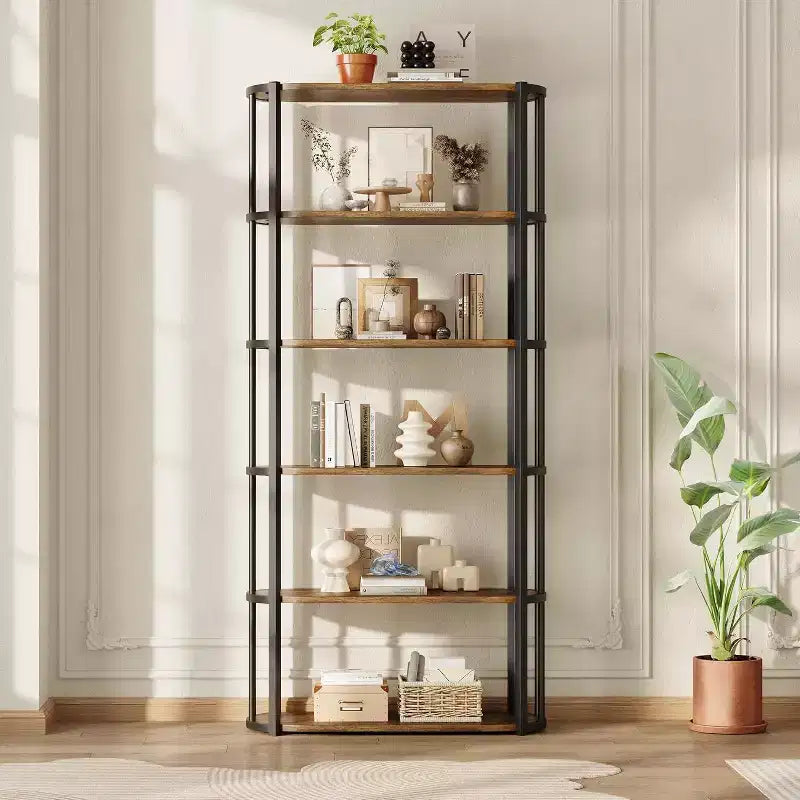 Acekool Étagère en bois 71, bibliothèque industrielle à 6 niveaux avec cadre en métal, grande étagère de rangement ouverte pour chambre, salon, bureau à domicile, marron