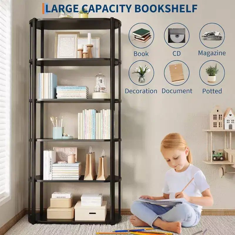 Acekool Étagère en bois 71, bibliothèque industrielle à 6 niveaux avec cadre en métal, grande étagère de rangement ouverte pour chambre, salon, bureau à domicile, marron
