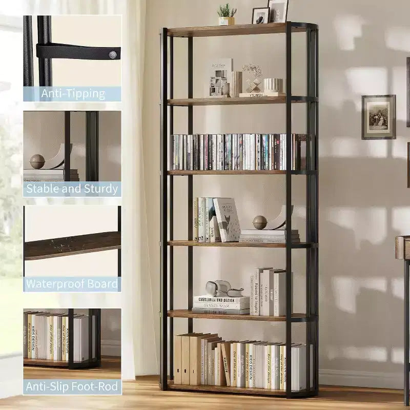 Acekool Étagère en bois 71, bibliothèque industrielle à 6 niveaux avec cadre en métal, grande étagère de rangement ouverte pour chambre, salon, bureau à domicile, marron