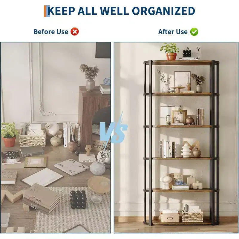 Acekool Étagère en bois 71, bibliothèque industrielle à 6 niveaux avec cadre en métal, grande étagère de rangement ouverte pour chambre, salon, bureau à domicile, marron