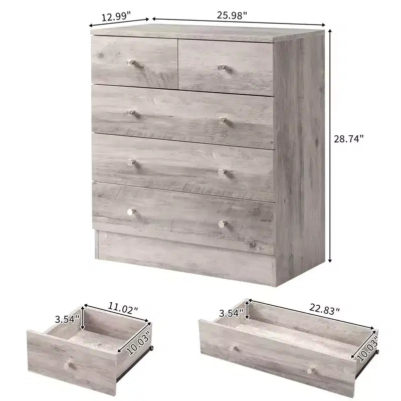 Karl Home Commode à 5 tiroirs en panneaux de particules gris, 66 cm (25,98 po) de largeur