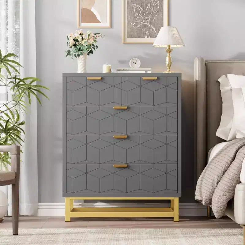 Commode moderne Meuble de rangement avec pieds en métal, grand espace de rangement et 5 tiroirs pour chambre, salon, couloir