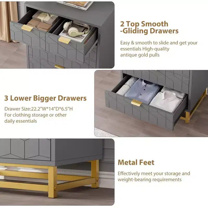 Commode moderne Meuble de rangement avec pieds en métal, grand espace de rangement et 5 tiroirs pour chambre, salon, couloir