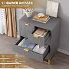 Commode moderne Meuble de rangement avec pieds en métal, grand espace de rangement et 5 tiroirs pour chambre, salon, couloir