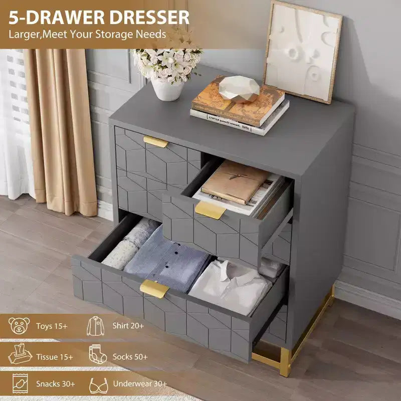 Commode moderne Meuble de rangement avec pieds en métal, grand espace de rangement et 5 tiroirs pour chambre, salon, couloir