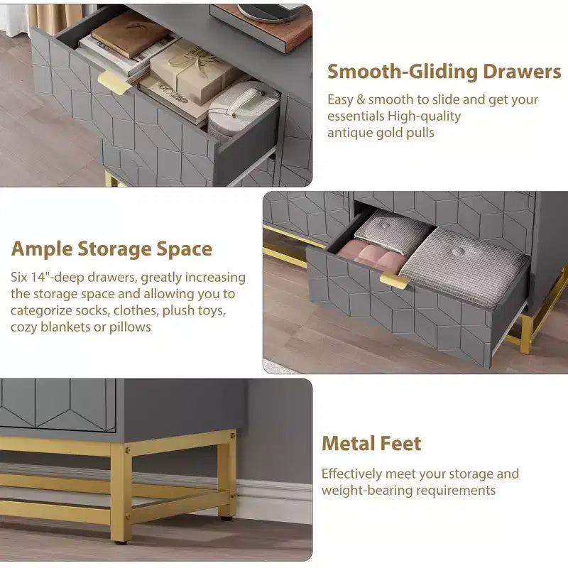 Commode moderne Meuble de rangement avec pieds en métal, grand espace de rangement et 5 tiroirs pour chambre, salon, couloir