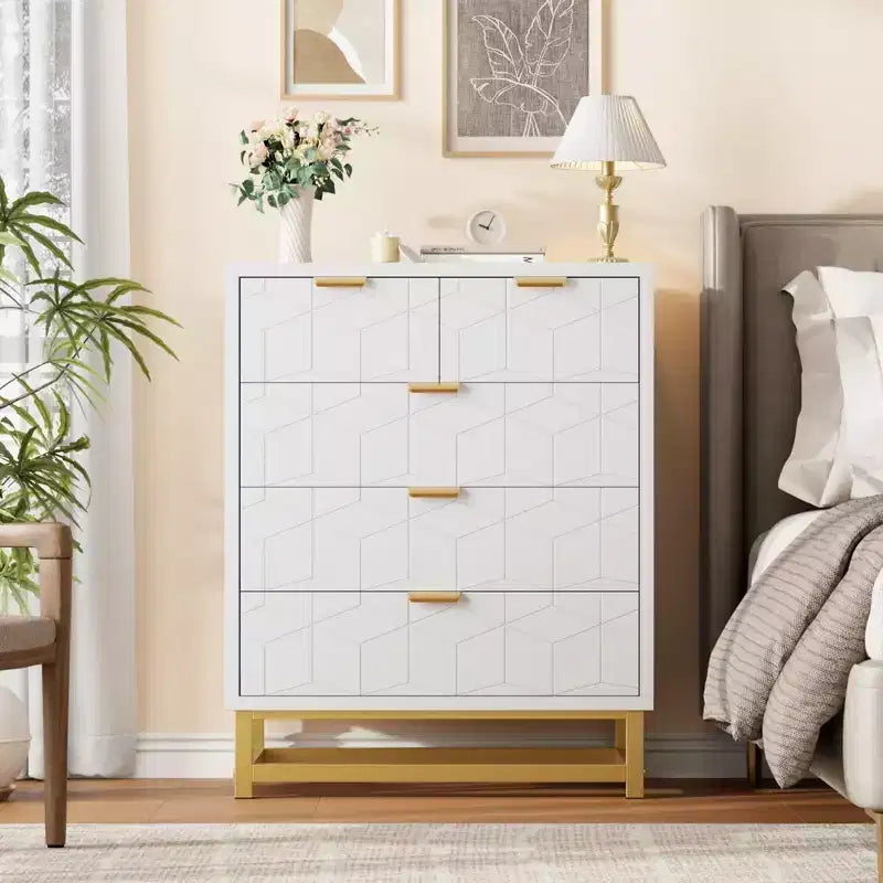 Commode moderne Meuble de rangement avec pieds en métal, grand espace de rangement et 5 tiroirs pour chambre, salon, couloir