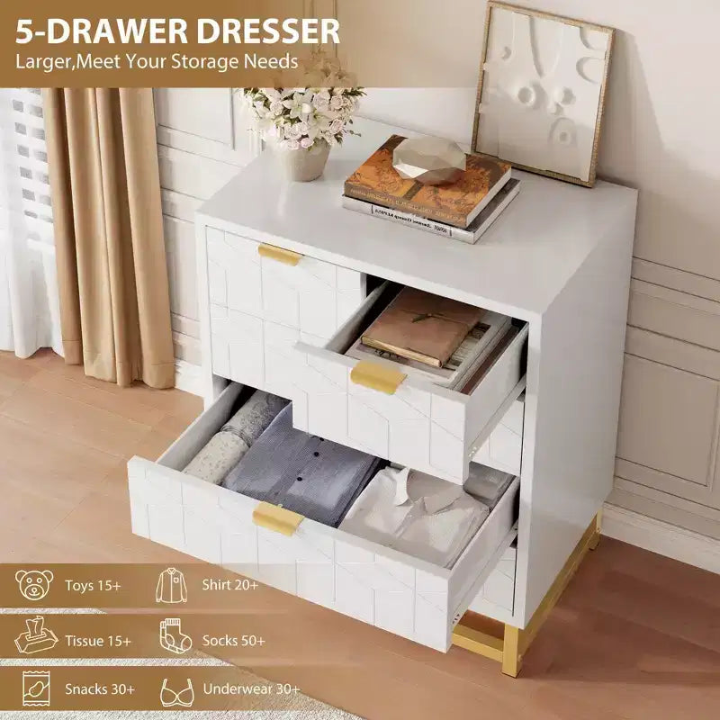 Commode moderne Meuble de rangement avec pieds en métal, grand espace de rangement et 5 tiroirs pour chambre, salon, couloir