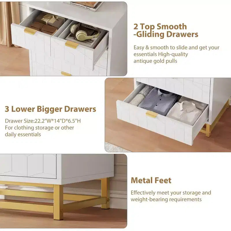 Commode moderne Meuble de rangement avec pieds en métal, grand espace de rangement et 5 tiroirs pour chambre, salon, couloir