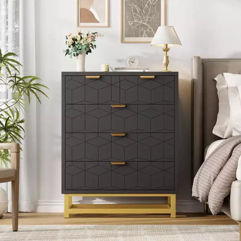 Commode moderne Meuble de rangement avec pieds en métal, grand espace de rangement et 5 tiroirs pour chambre, salon, couloir