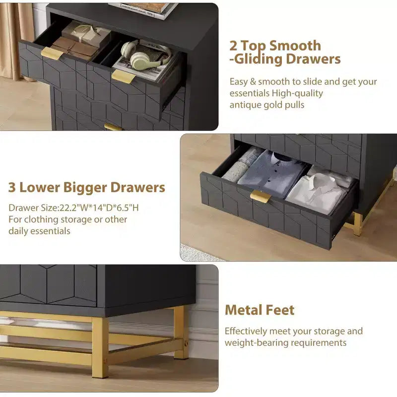Commode moderne Meuble de rangement avec pieds en métal, grand espace de rangement et 5 tiroirs pour chambre, salon, couloir