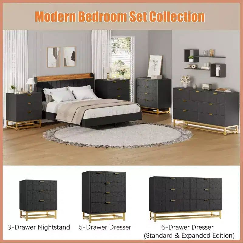 Commode moderne Meuble de rangement avec pieds en métal, grand espace de rangement et 5 tiroirs pour chambre, salon, couloir