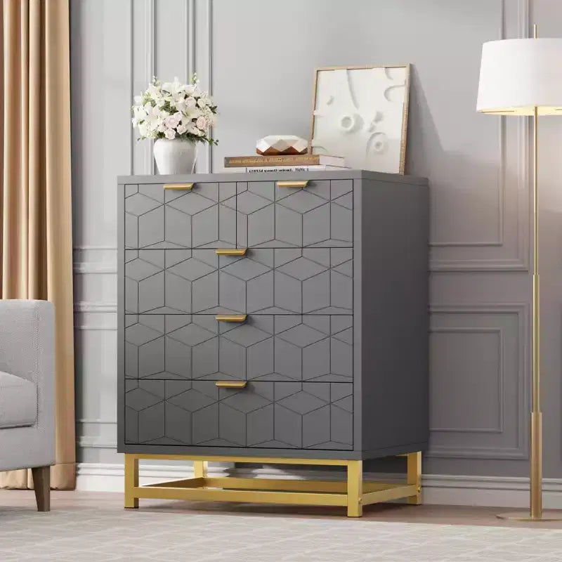 Commode moderne Meuble de rangement avec pieds en métal, grand espace de rangement et 5 tiroirs pour chambre, salon, couloir