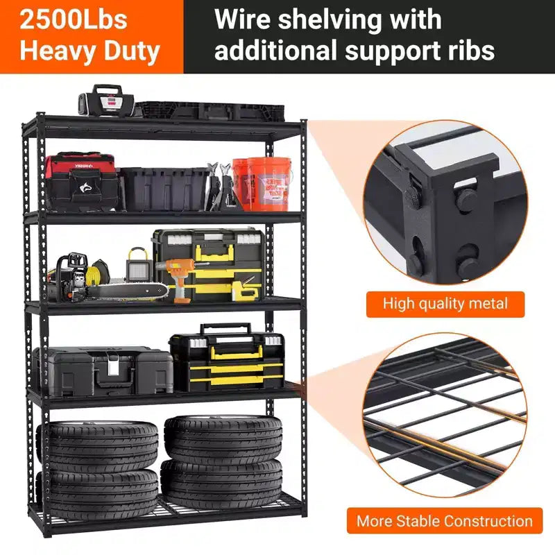 Étagère de garage à 5 niveaux, étagères de rangement en métal réglables de 2500 lb, unité d'étagères robustes de grande capacité pour garage, étagère de rangement utilitaire industrielle
