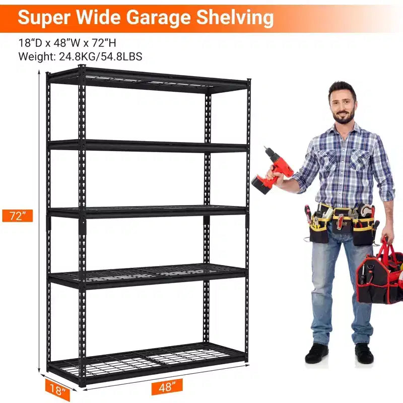 Étagère de garage à 5 niveaux, étagères de rangement en métal réglables de 2500 lb, unité d'étagères robustes de grande capacité pour garage, étagère de rangement utilitaire industrielle