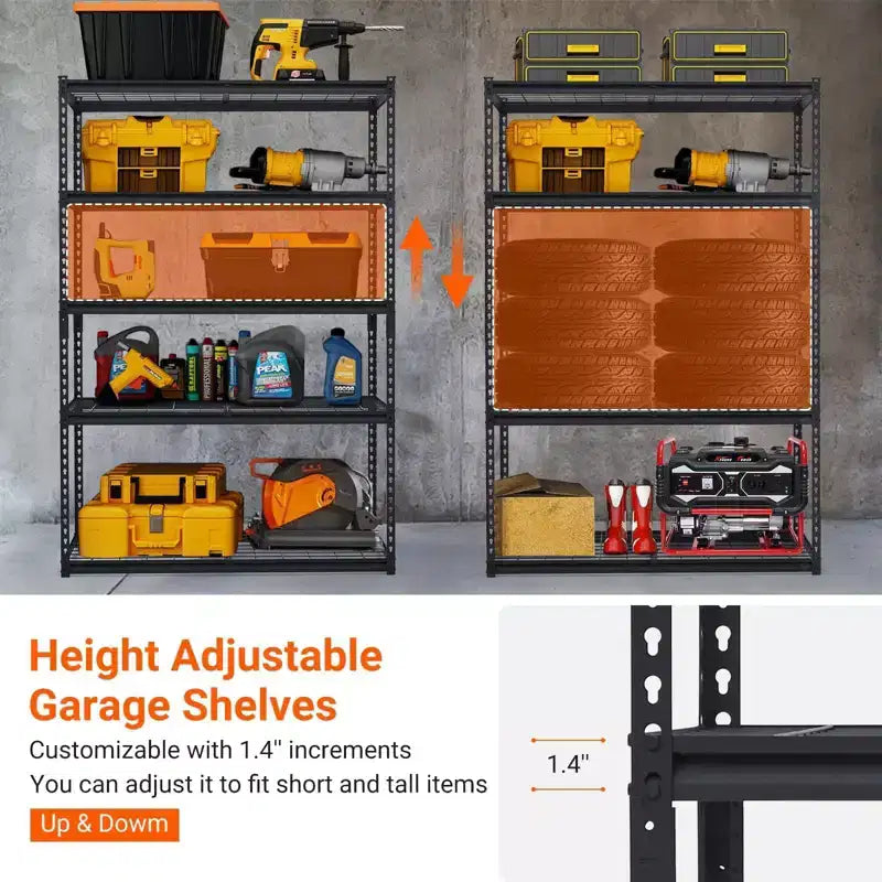 Étagère de garage à 5 niveaux, étagères de rangement en métal réglables de 2500 lb, unité d'étagères robustes de grande capacité pour garage, étagère de rangement utilitaire industrielle