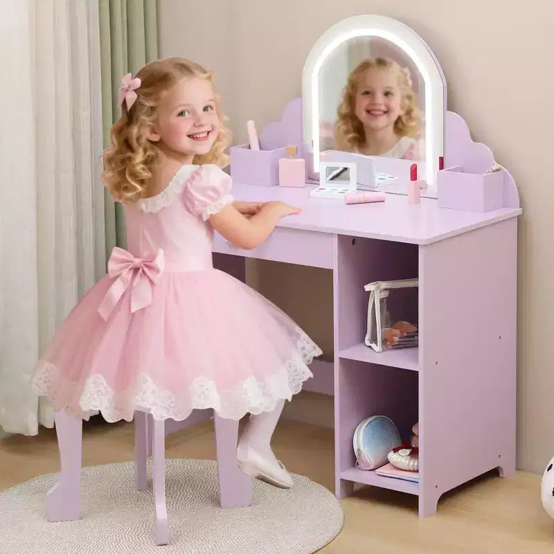 GustoWave Kids Vanity with Mirror & Stool, Bookshelf, Storage Drawer & Shelves for Girls 3-9, Purple