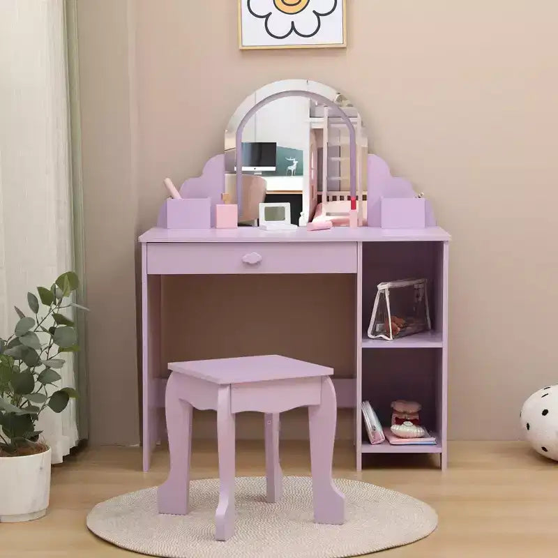 Coiffeuse GustoWave pour enfants avec miroir et tabouret, bibliothèque, tiroir de rangement et étagères pour filles de 3 à 9 ans, violet