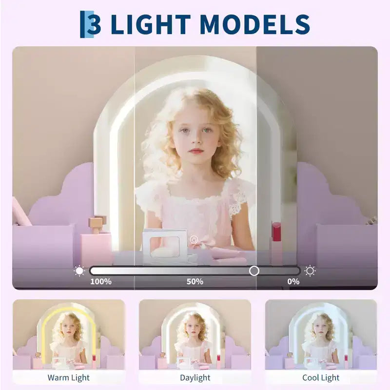 Coiffeuse GustoWave pour enfants avec miroir et tabouret, bibliothèque, tiroir de rangement et étagères pour filles de 3 à 9 ans, violet