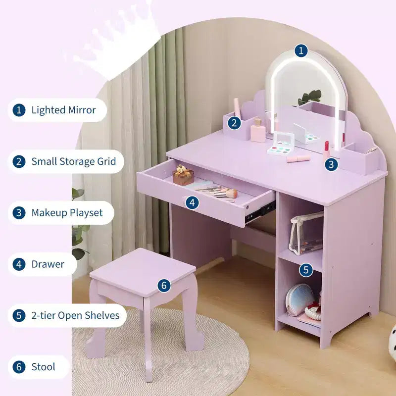 Coiffeuse GustoWave pour enfants avec miroir et tabouret, bibliothèque, tiroir de rangement et étagères pour filles de 3 à 9 ans, violet