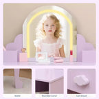 Coiffeuse GustoWave pour enfants avec miroir et tabouret, bibliothèque, tiroir de rangement et étagères pour filles de 3 à 9 ans, violet