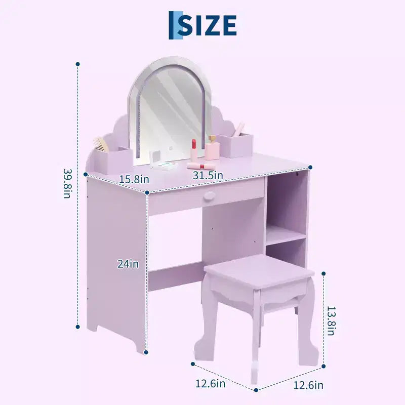 Coiffeuse GustoWave pour enfants avec miroir et tabouret, bibliothèque, tiroir de rangement et étagères pour filles de 3 à 9 ans, violet