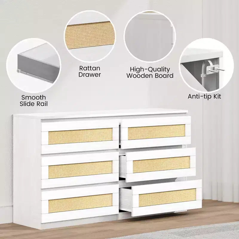 Commode double à 6 tiroirs pour chambre à coucher, commode large et commode bohème, organisateur de rangement en bois pour placard, salon, entrée