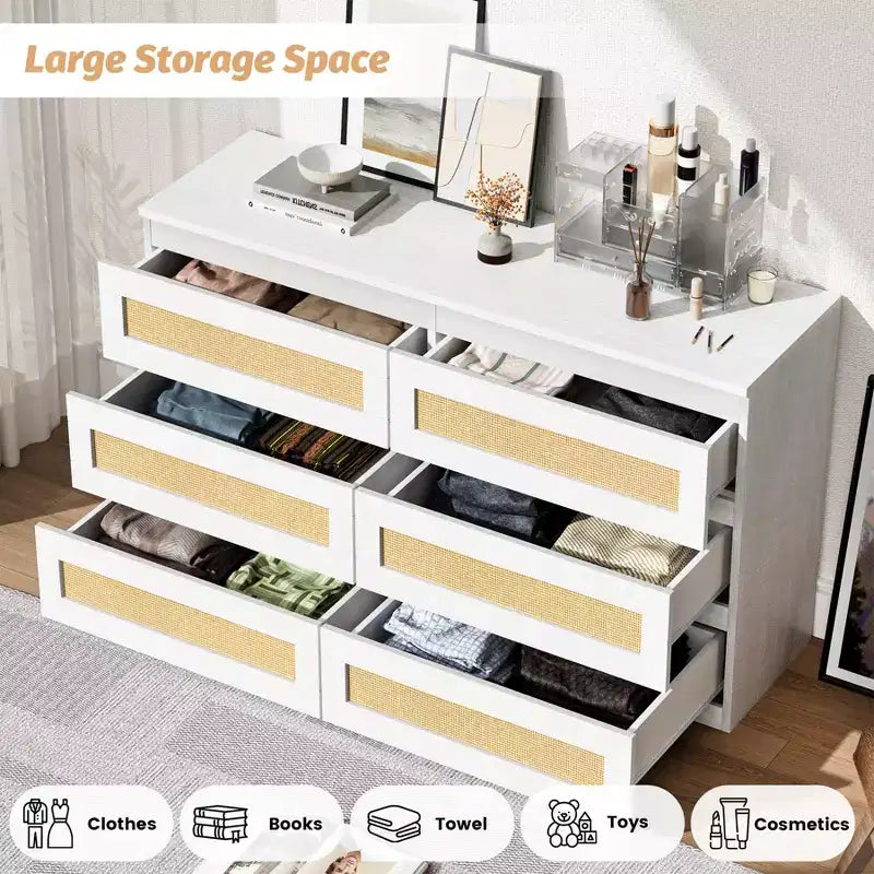 Commode double à 6 tiroirs pour chambre à coucher, commode large et commode bohème, organisateur de rangement en bois pour placard, salon, entrée