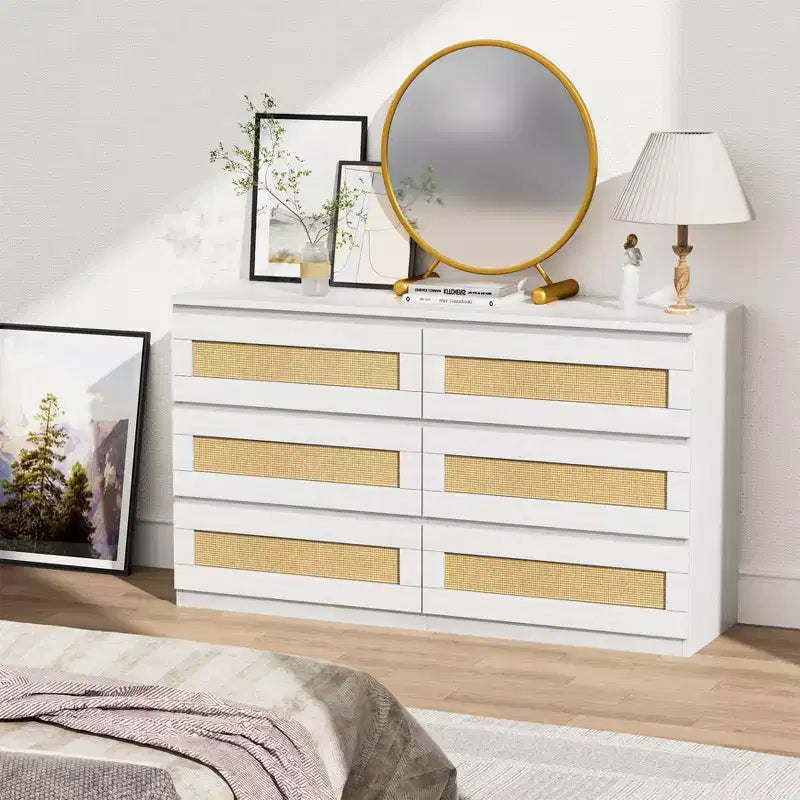 Commode double à 6 tiroirs pour chambre à coucher, commode large et commode bohème, organisateur de rangement en bois pour placard, salon, entrée