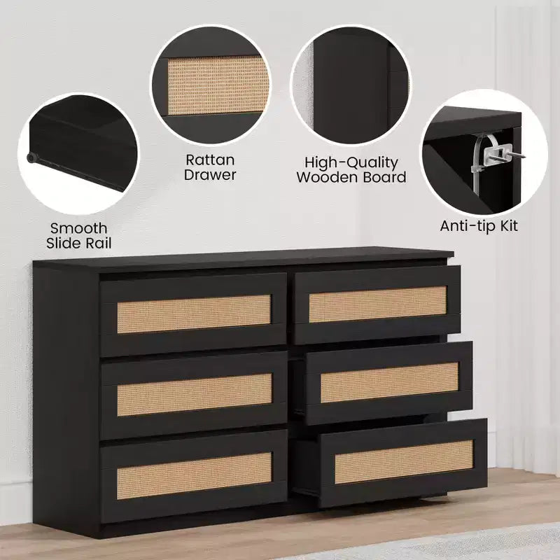 Commode double à 6 tiroirs pour chambre à coucher, commode large et commode bohème, organisateur de rangement en bois pour placard, salon, entrée