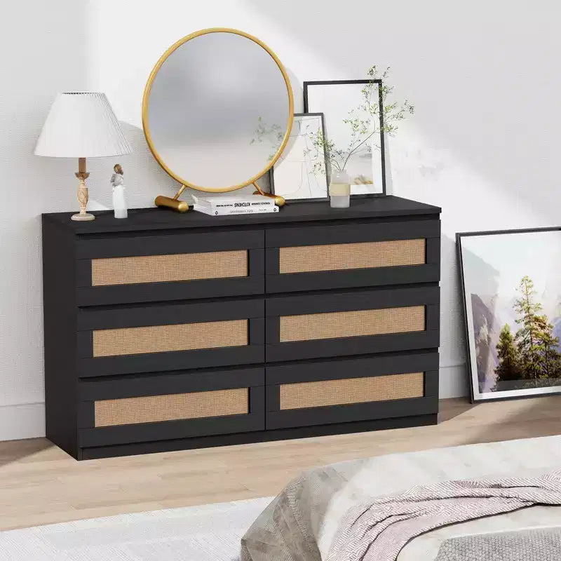 Commode double à 6 tiroirs pour chambre à coucher, commode large et commode bohème, organisateur de rangement en bois pour placard, salon, entrée