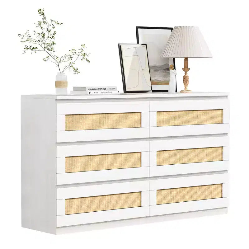 Commode double à 6 tiroirs pour chambre à coucher, commode large et commode bohème, organisateur de rangement en bois pour placard, salon, entrée