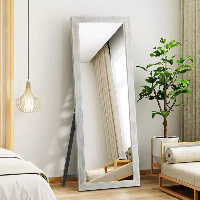 64x21 inch White Solid Wood Full-length Mirror With Bracket - Tempered Steel