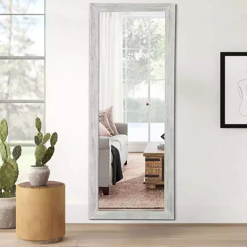Miroir plein pied 64x21 pouces en bois massif blanc avec support - Acier trempé
