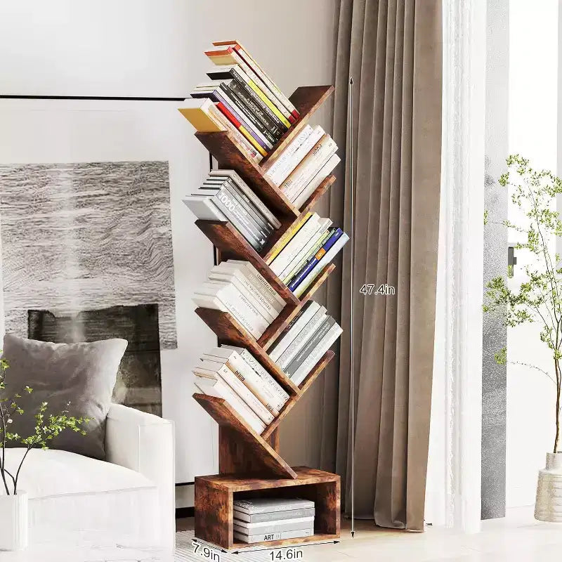 Acekool Étagère Arbre Vintage, Bibliothèque Haute à 8 Niveaux avec Tiroir, Étagère de Rangement Gain de Place pour Salon Bureau Étude, 38 x 20 x 132 cm