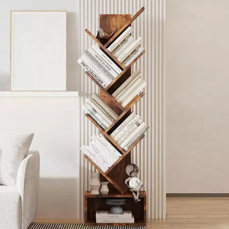 Acekool Étagère Arbre Vintage, Bibliothèque Haute à 8 Niveaux avec Tiroir, Étagère de Rangement Gain de Place pour Salon Bureau Étude, 38 x 20 x 132 cm