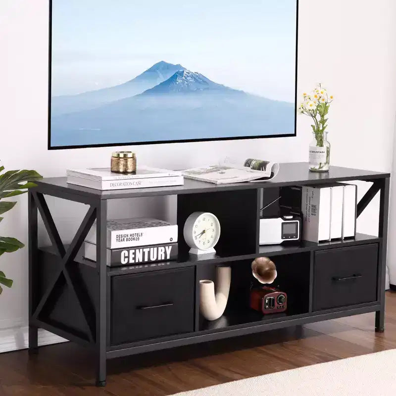Meuble TV, Centre de divertissement - pour téléviseurs jusqu'à 50 pouces, Meuble TV avec 2 tiroirs en tissu et étagères ouvertes, Meuble moderne (Noir)