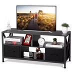 Meuble TV, Centre de divertissement - pour téléviseurs jusqu'à 50 pouces, Meuble TV avec 2 tiroirs en tissu et étagères ouvertes, Meuble moderne (Noir)
