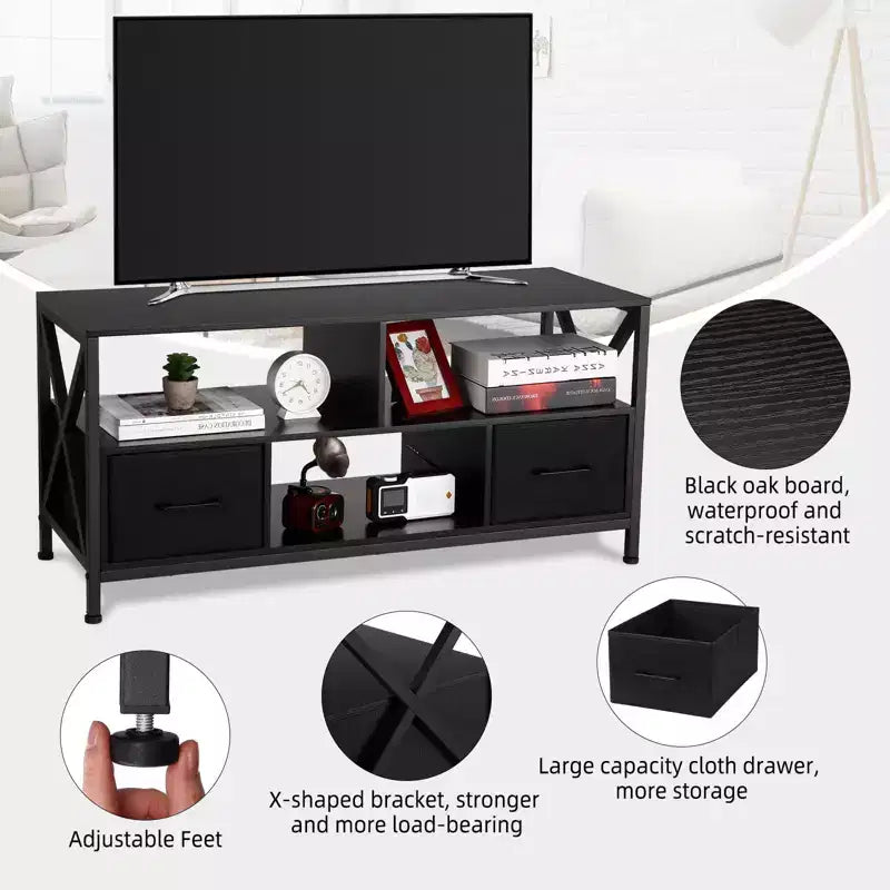 Meuble TV, Centre de divertissement - pour téléviseurs jusqu'à 50 pouces, Meuble TV avec 2 tiroirs en tissu et étagères ouvertes, Meuble moderne (Noir)