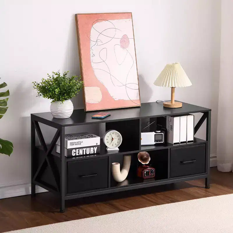 Meuble TV, Centre de divertissement - pour téléviseurs jusqu'à 50 pouces, Meuble TV avec 2 tiroirs en tissu et étagères ouvertes, Meuble moderne (Noir)