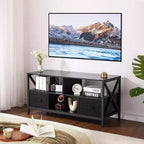 Meuble TV, Centre de divertissement - pour téléviseurs jusqu'à 50 pouces, Meuble TV avec 2 tiroirs en tissu et étagères ouvertes, Meuble moderne (Noir)