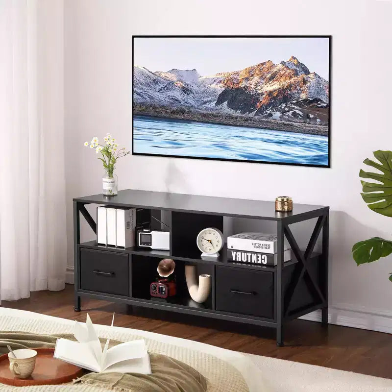 Meuble TV, Centre de divertissement - pour téléviseurs jusqu'à 50 pouces, Meuble TV avec 2 tiroirs en tissu et étagères ouvertes, Meuble moderne (Noir)